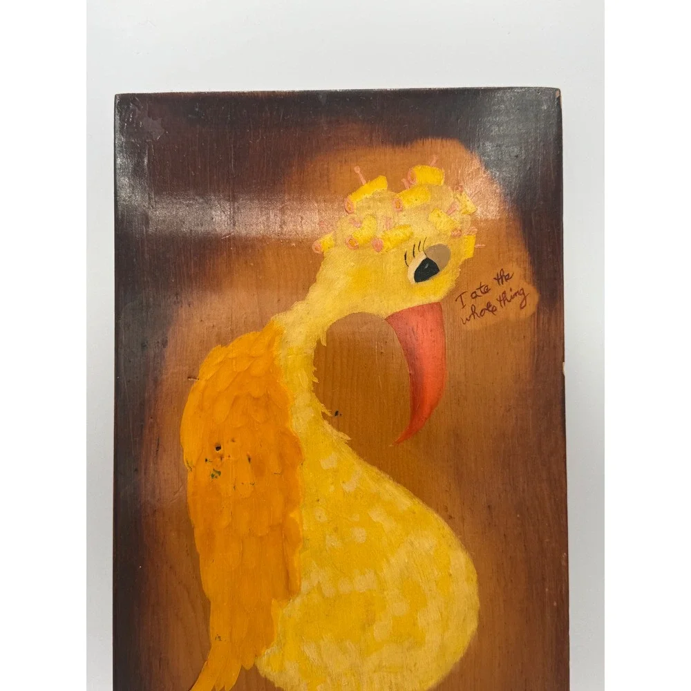 Vtg 1975 Hand Painted Wood Plaque Whimsical Bird I Ate The Whole Thing
